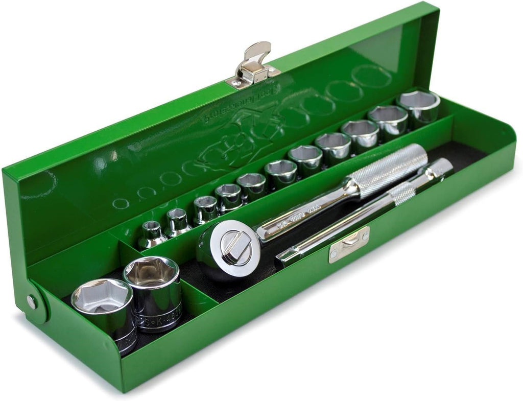SK Tools USA 3/8' Drive, 15 Piece, 6 Point, Standard SAE Chrome Socket Set in Classic Metal Box: 1/4' - 1' | 94515