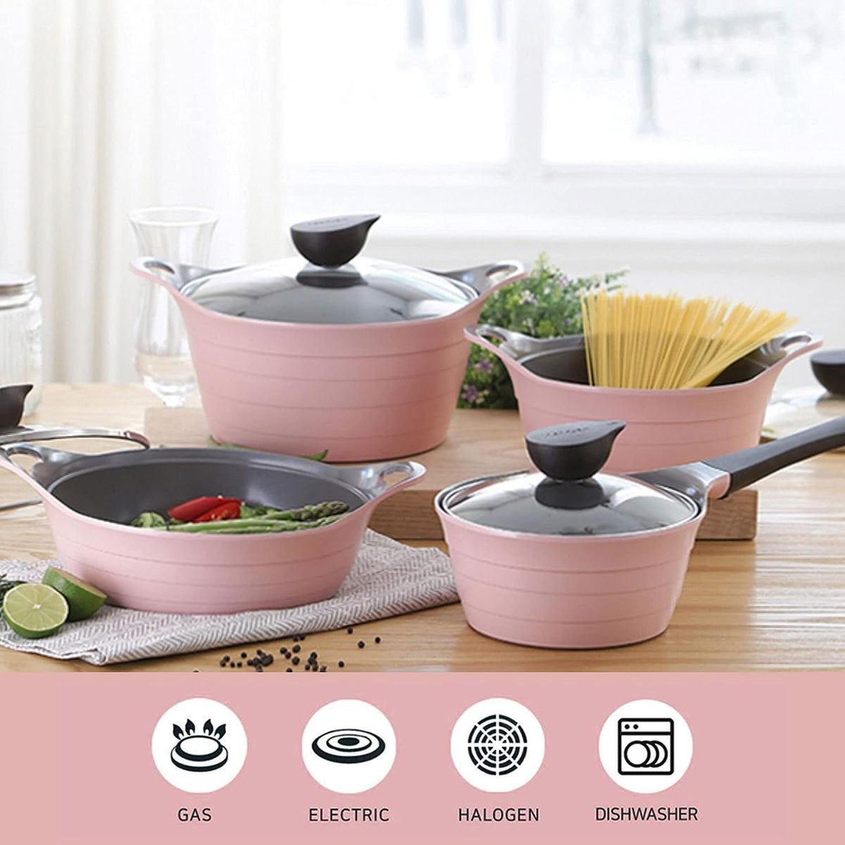 Neoflam Eela 8-Piece Pink Ceramic Nonstick Chef Cookware with Glass Lid, Kitchen Pot and Pan Cooking Set, Ceramic Coating, Easy to Clean, Great Gift for Kitchen, Made in Korea