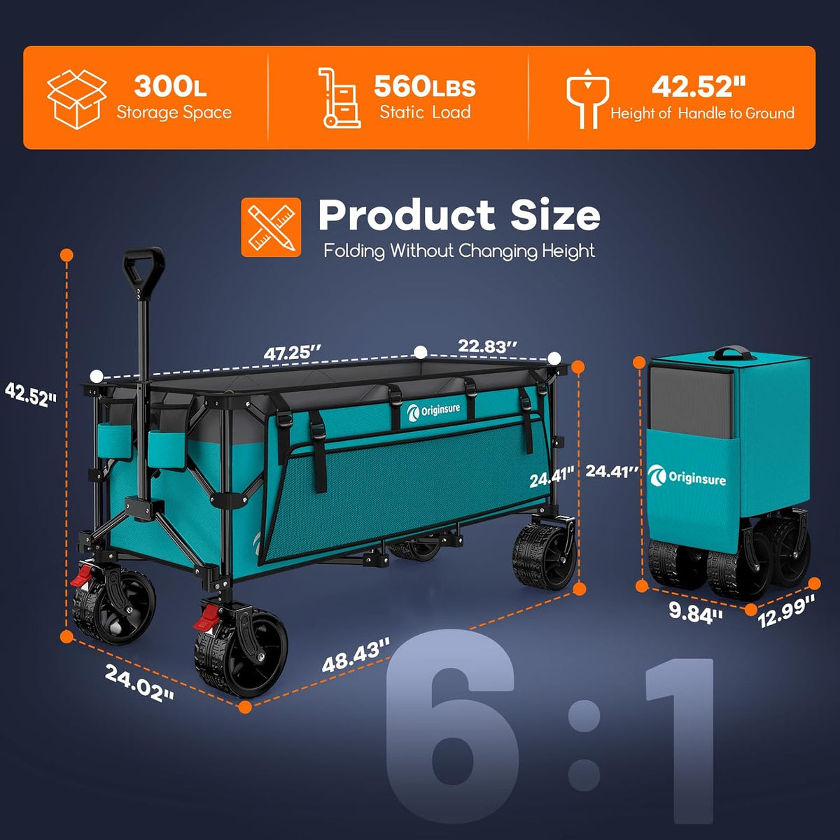 Originsure 48' L Collapsible Wagon Cart Foldable, 560lbs Weight Capacity 300L Heavy Duty Folding Beach Wagons with Big All-Terrain Wheels, Utility Carts for Groceries, Camping, Sports - Grey&Turquoise