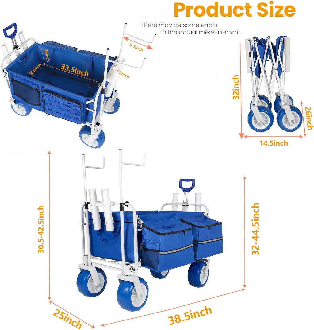 Beach Fishing Wagon Cart with All-Terrain Big Wheels, 500lbs Load, Heavy Duty Wagons Carts Foldable with Removable Cooler & Storage Bags for Shopping Garden Sports Camping Outdoor (Blue)
