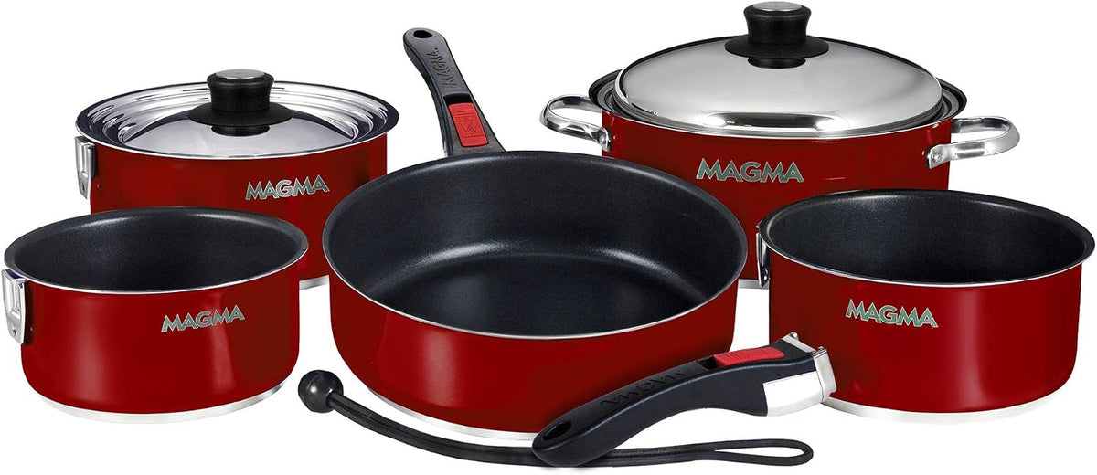 Magma 10 Piece Gourmet Nesting Stainless Steel Cookware Set with Ceramica Non-Stick, Induction Compatible, Oven Safe to 500°F - Suitable for All Stovetops, Removable Handles, Red