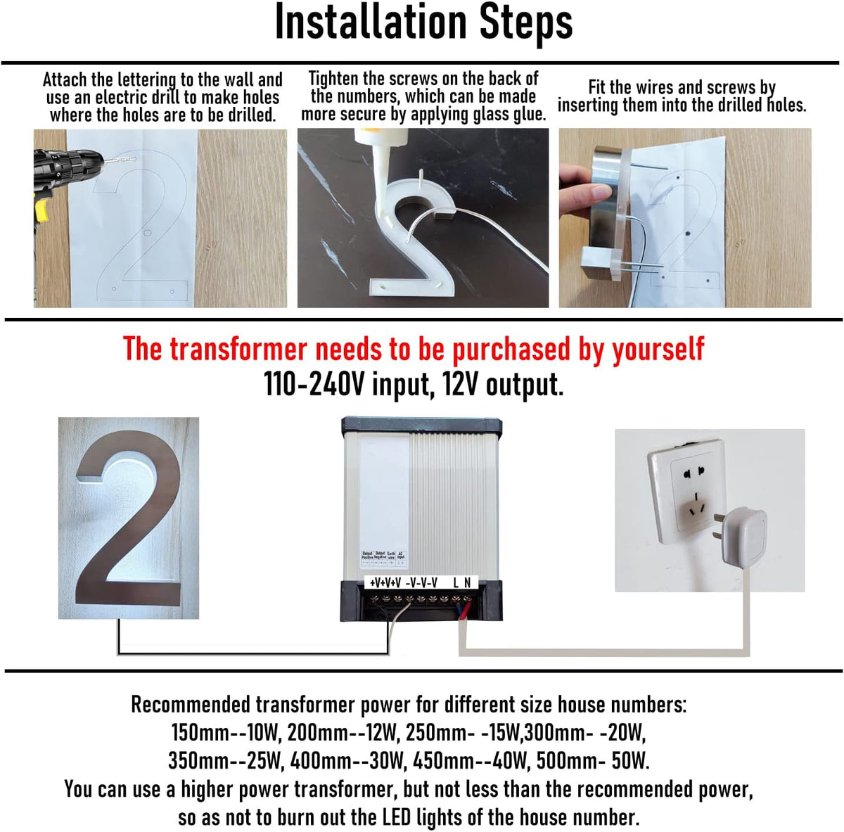 Backlit LED Illuminated House Numbers For Outside, Modern Lighted Home Address Numbers For Outdoor, Waterproof Stainless Steel Lighted House Numbers Signs,20 Inch/500mm,7