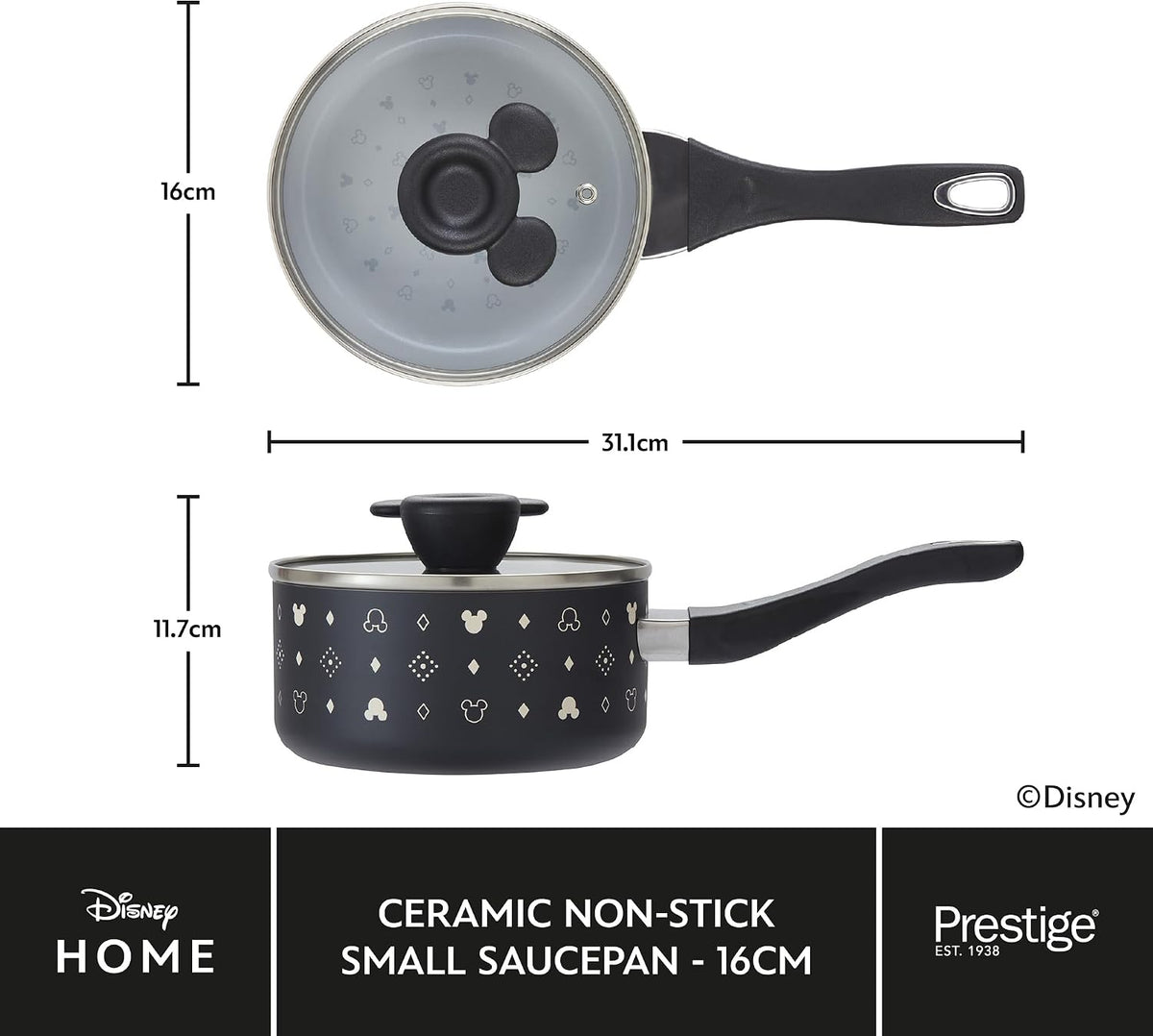 Prestige Disney Monochrome Ceramic Non Stick Saucepan Set of 3 with Lids - 16, 18 & 20cm Induction Saucepan Set, PFAS & PFOA Free, Non Toxic Cookware, Black & White