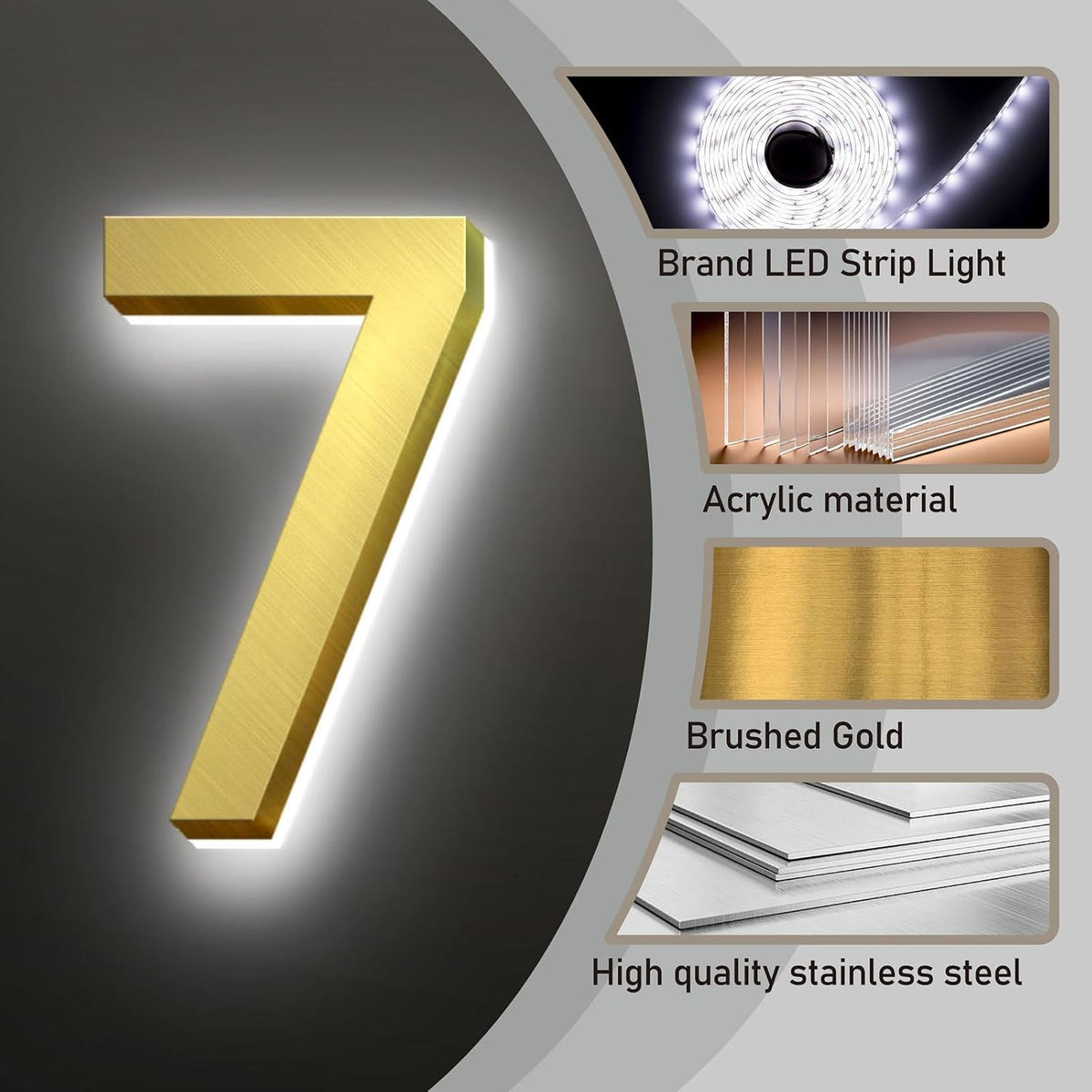 Backlit LED Illuminated Door Number, Gold Brushed Stainless Steel, LED Illuminated Home Address Number, Modern Lighted House Numbers.