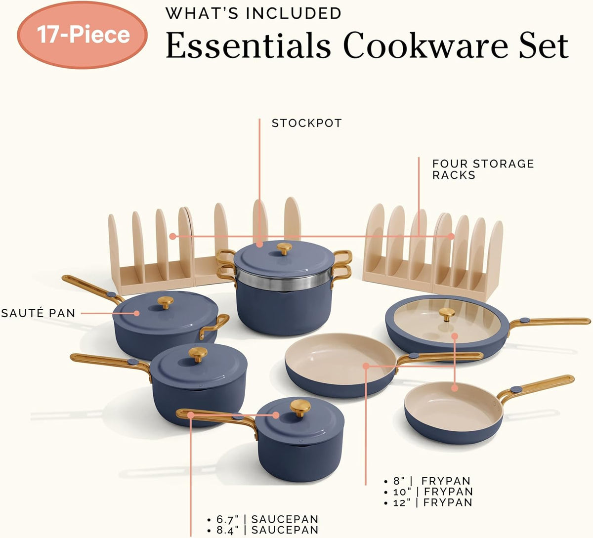 Our Place 17-Piece Essentials Complete Cookware Set - Ceramic Fry Pans, Saucepans, Sauté Pan, Stock Pot, Strainer Basket & Modular Storage | Thermakind™ Nonstick, Oven Safe up to 450°F | Blue Salt