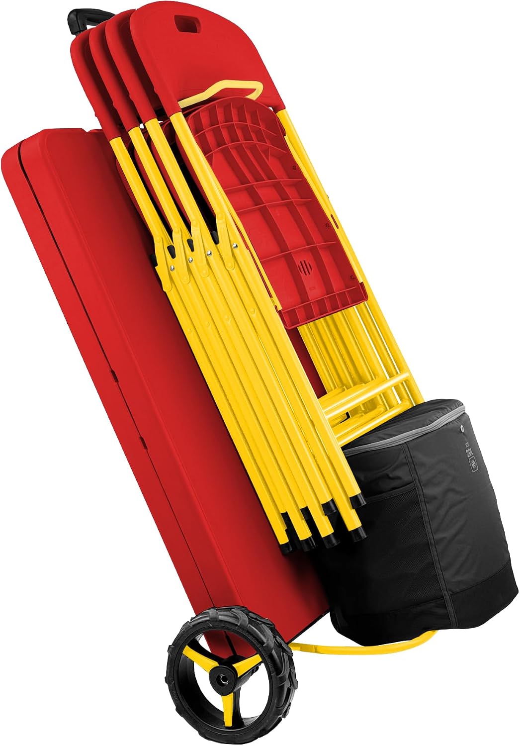 Creative Outdoor Folding Table and Chairs, 6 Ft, Built-in Wheels, Portable Durable Plastic (Red & Yellow)