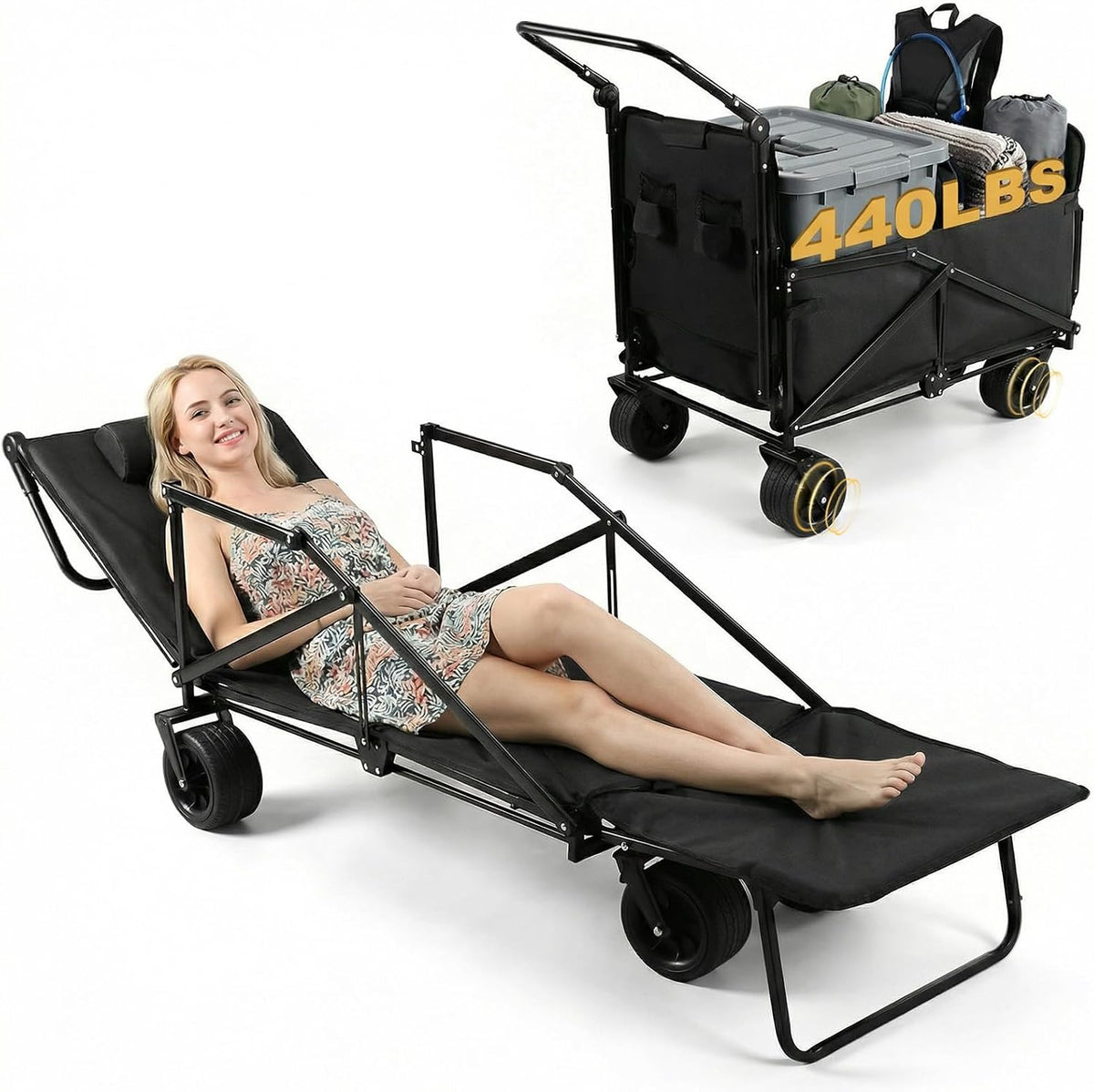 Generic 2-in-1 Foldable Wagons Carts 440lbs Capacity Folding Wagon with All-Terrain Wheels for Sports Garden Shopping Camping