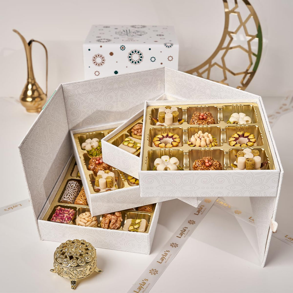 Layla's Delicacies Mediterranean Treats Gift Box for Eid Mubarak - Handmade Healthy Mixed Nutty Flavors Pastries - Halal, Vegetarian, Gluten Free - 46 Bite-Size Treats