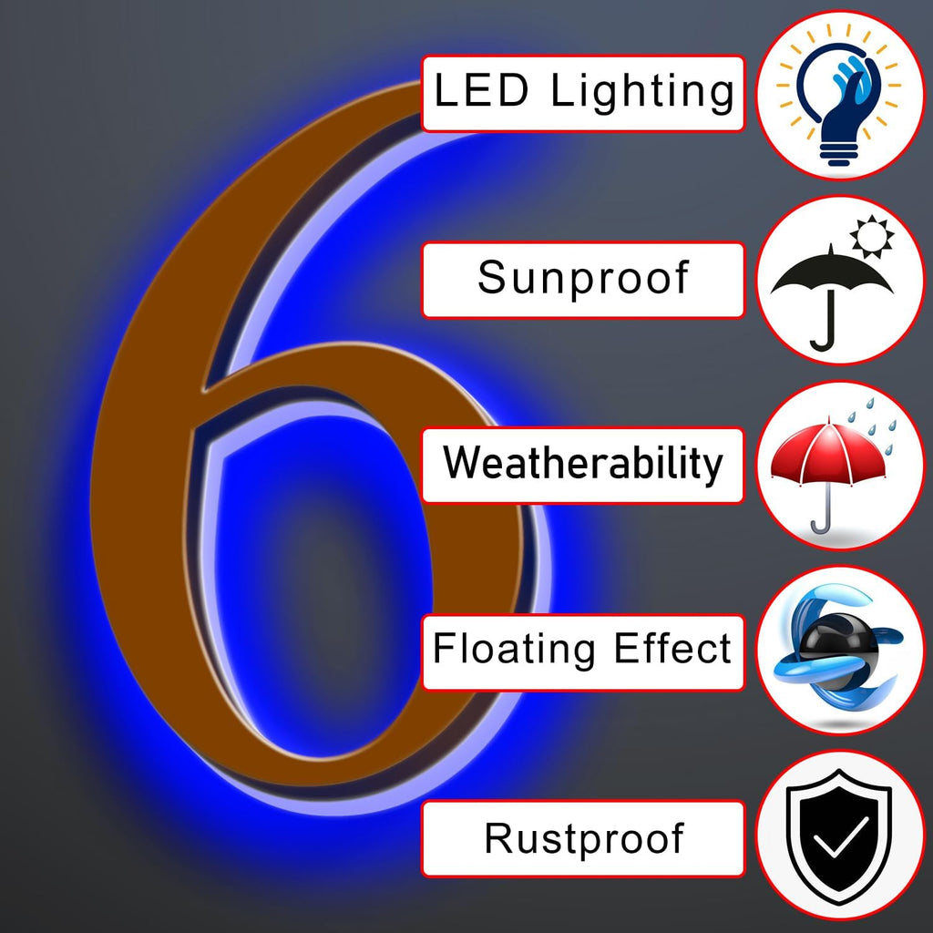 Large Backlit LED House Numbers 16 Inch, Stainless Steel Hand-Polished For Lighted House Address Signs, Modern Illuminated LED Home Address Numbers, Brown, Blue Light,1