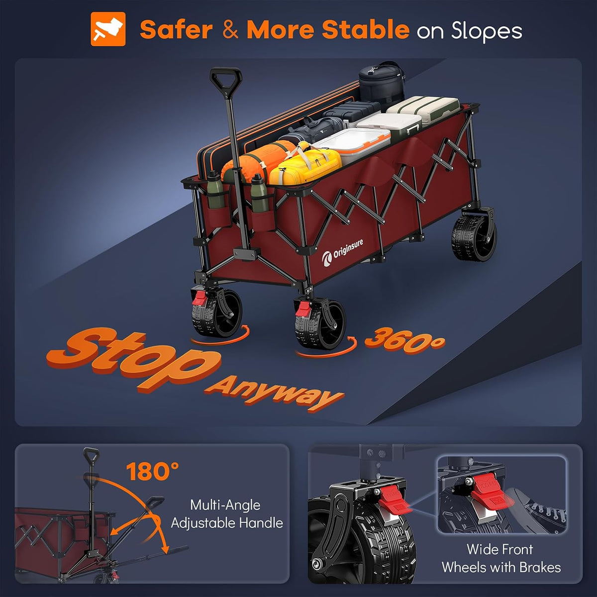 48' L Collapsible Beach Wagon Cart Foldable, 560lbs Weight Capacity 300L Heavy Duty Folding Wagons with Big All-Terrain Wheels, Utility Carts for Groceries, Shopping, Camping, Sports - Red