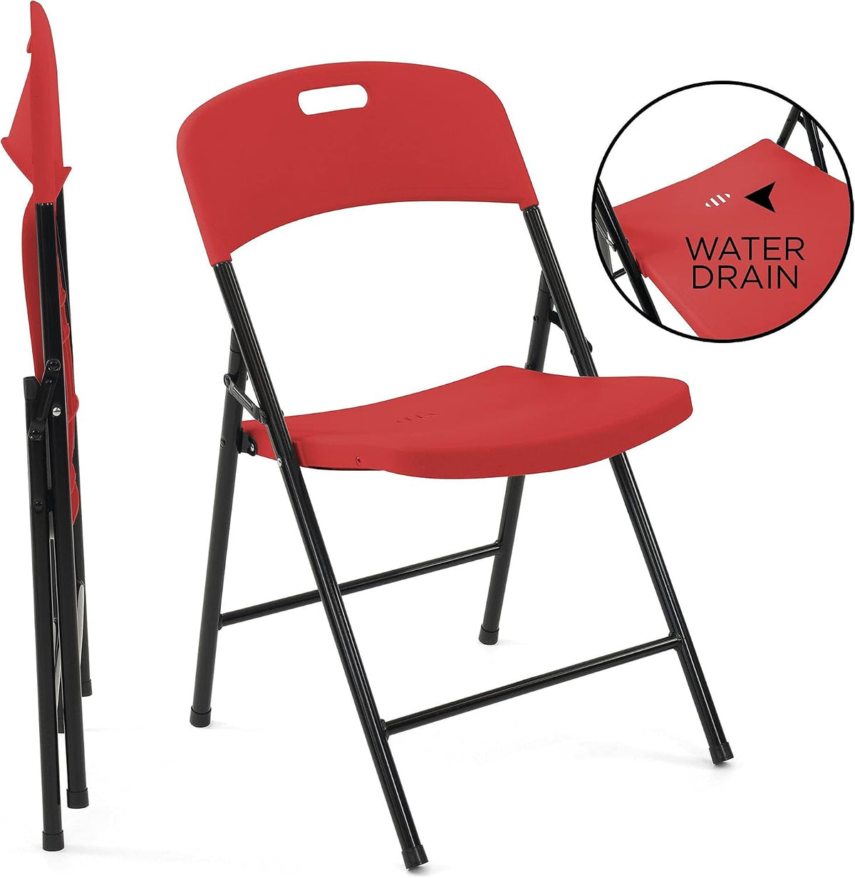 Creative Outdoor 4 Portable Plastic Folding Chairs, Sturdy Design, Indoor/Outdoor Events, Perfect Foldable Chairs for Camping/Picnic/Tailgating/Party (Red Set of 4 Chairs)