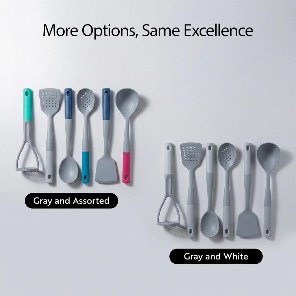 Restaurantware Silicone Utensil Set Pack of 10 Non-Slip Handle 6-Piece Nylon Kitchen Tool Set, Heat-Resistant Dishwasher-Friendly Cooking Accessories, Durable Gray and White Cooking Utensils