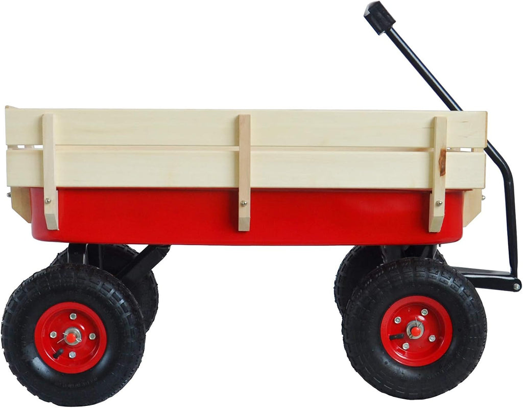 Outdoor Heavy Duty Wagon Cart for All Terrain Pulling, Steel Wagon Frame Removable Wooden Panels Adjustable Handle Air Tires Sport Wagon for Kids Camping Garden, Max. Load 176 lbs, Red