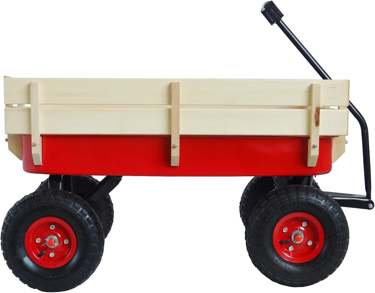 Outdoor Heavy Duty Wagon Cart for All Terrain Pulling, Steel Wagon Frame Removable Wooden Panels Adjustable Handle Air Tires Sport Wagon for Kids Camping Garden, Max. Load 176 lbs, Red