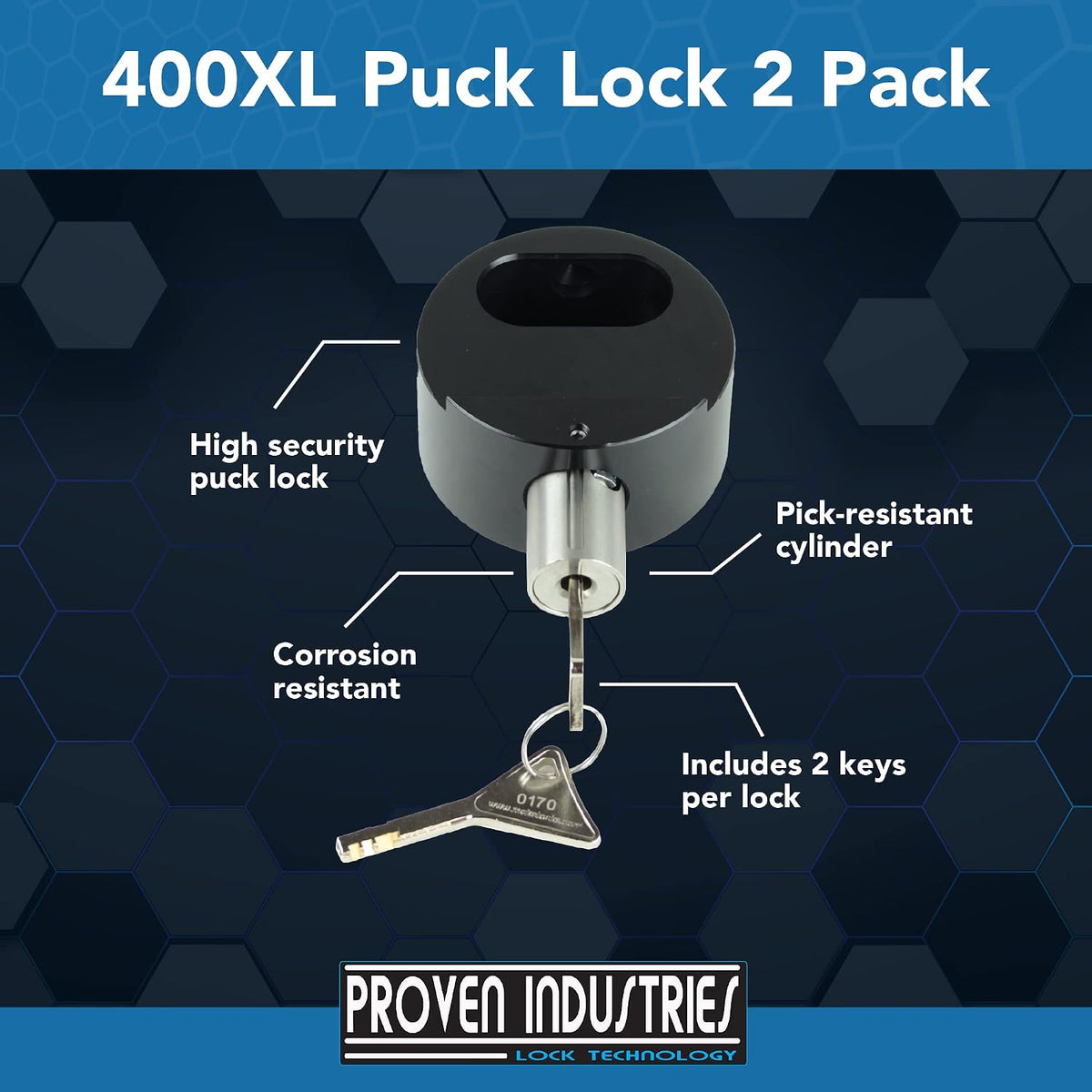 Proven Industries Puck Lock Set, Model 400XL, 2-Pack, Hidden Shackle, Keyed Alike, 6061 Solid Aluminum, Shackle Opening 1 3/4 x 1 3/4 x 7/8 in, Depth 1 1/4 in, Made in USA, Black