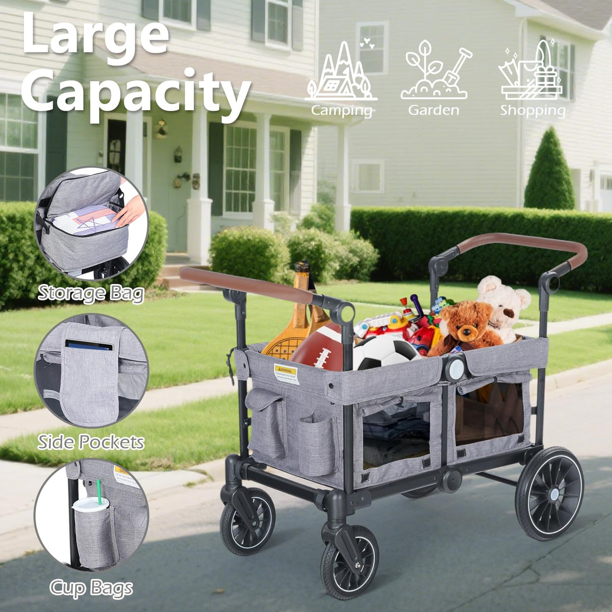 Kinder King Folding Wagon Stroller for 2 Kids, All-Terrain 2 Seater Stroller Wagon Outdoor, Removable Canopy, Adjustable Handle, Shock-Absorbing Wheel, Detachable Tray, Parent Organizer, Gray
