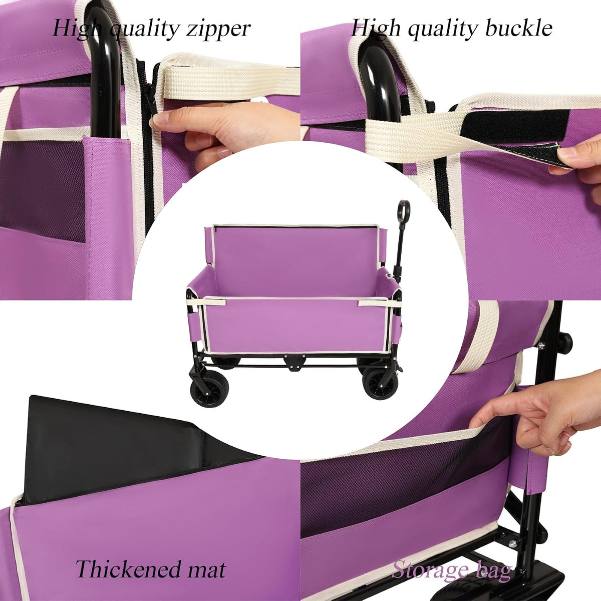 3-in-1 Convertible Folding Wagon Cart with Bench Seat & Storage - 500lbs Heavy-Duty Utility Wagon, 180L Capacity All-Terrain Wheels for Camping, Beach, Sports, Garden (Purple)