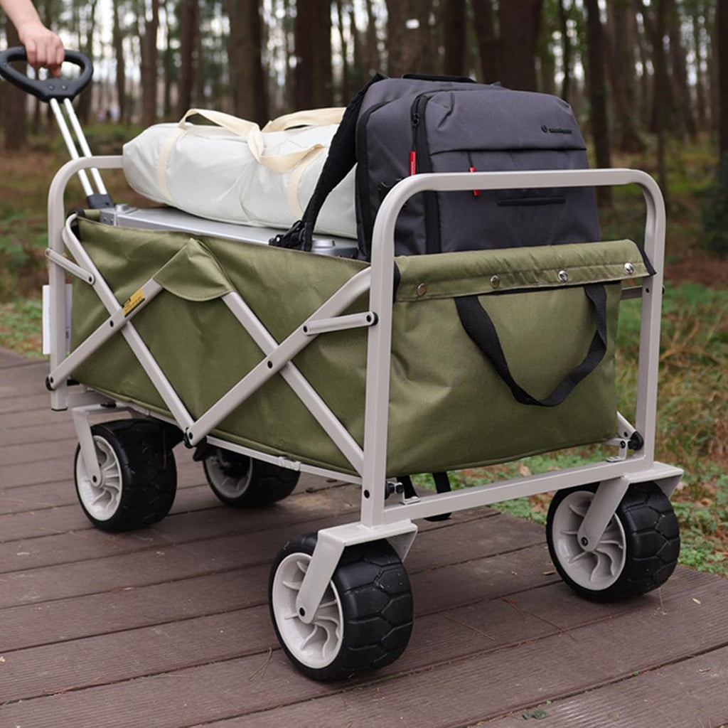Garden Carts,Green Collapsible Wagon,Light Coffee Color Sports Outdoor Utility Wagon Folding Bearing 120Kg Garden Wagon Sports Heavy Duty Steel Frame Foldable Yard Car
