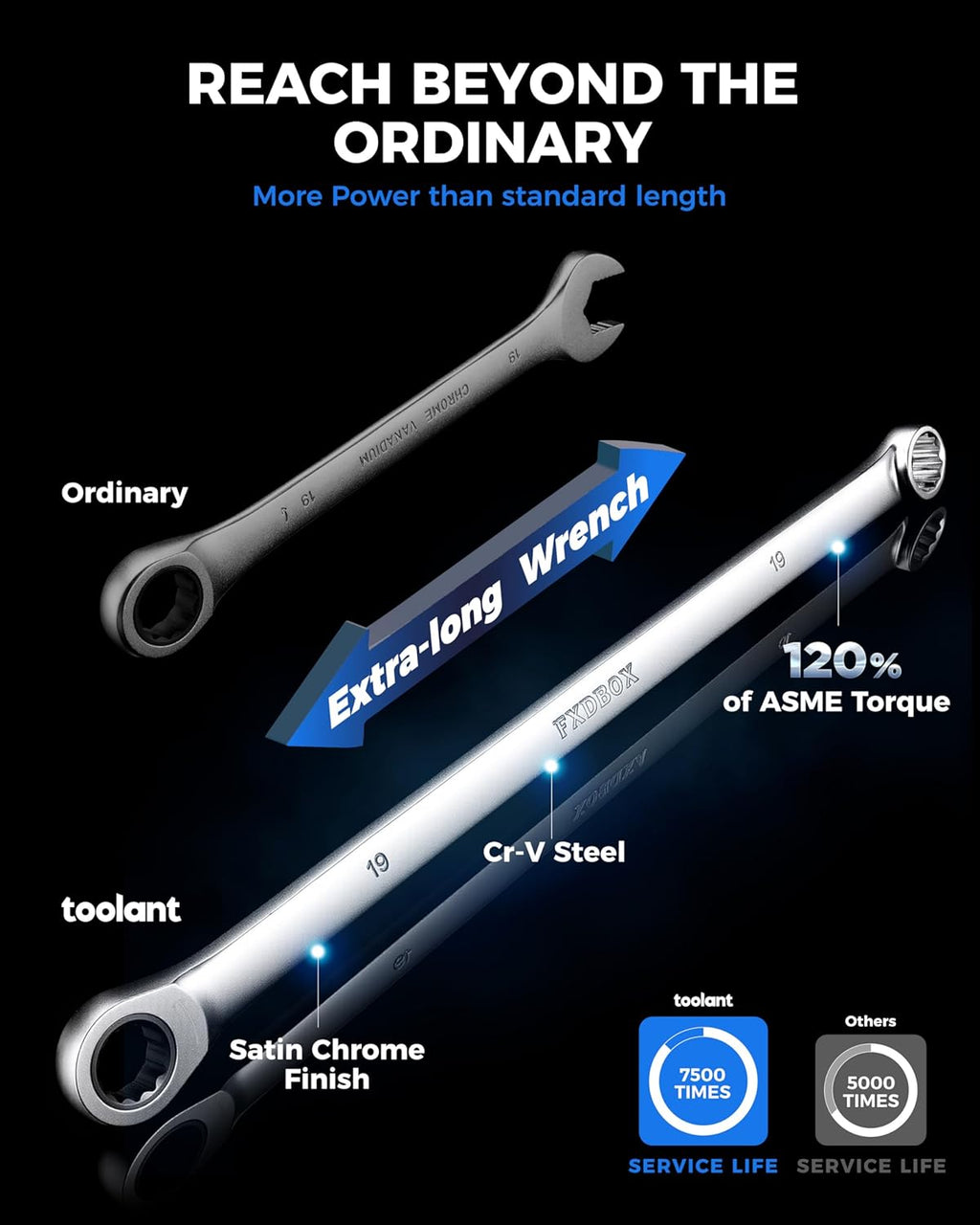 toolant 16pcs Extra Long Ratcheting Wrench Set, Offset Head Double Box-End Ratcheting Wrench Set, 8-24mm Metric Set, 90-Tooth and 4° Swing, with Storage Tray