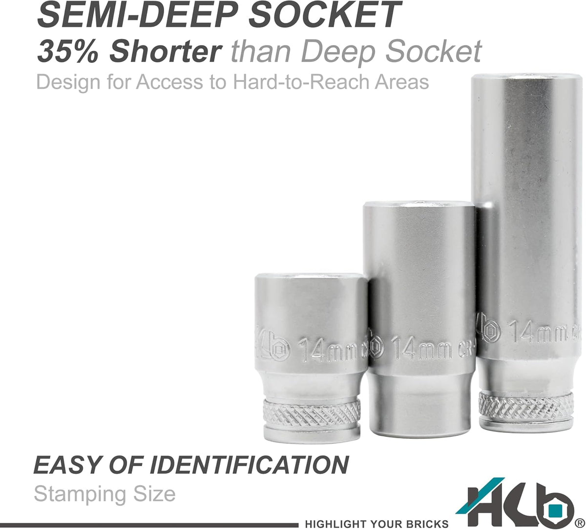 HB 123-Piece Socket Set AKX008-U, 90T Flex Head Ratchet 3/8', 72T Stubby Ratchet 1/4', Dual Drive Breaker Bar, Metric & SAE Non-Slip Deep & Semi-Deep Impact Sockets, Chrome Vanadium, Made in Taiwan