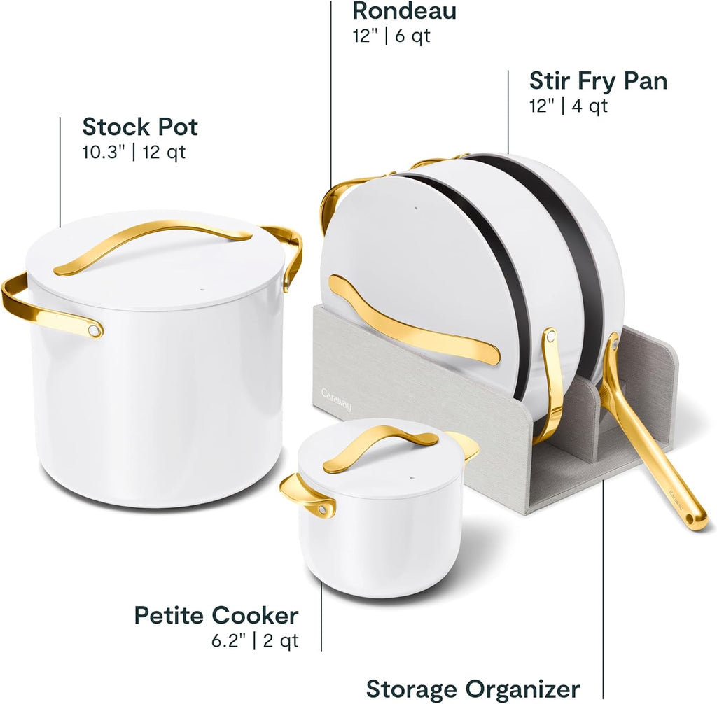 Caraway Cookware+ Collection - Specialty Cookware Set - Petite Cooker, Stir Fry Pan, Rondeau, & Stock Pot - 3 Lids & Storage Organizer Included - White