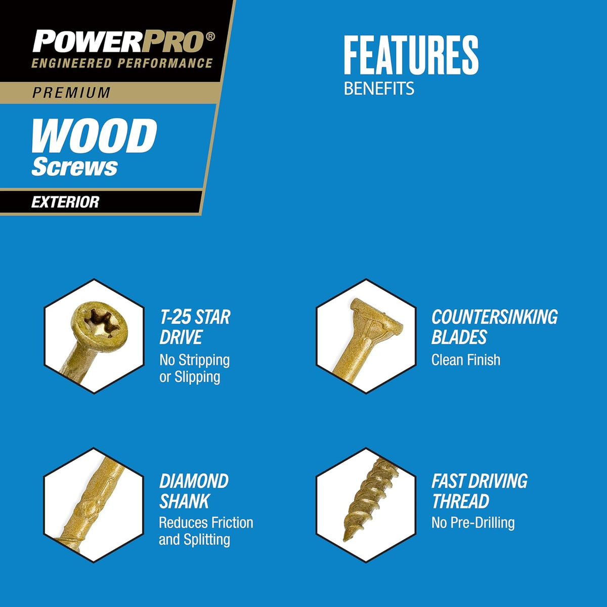 Power Pro Premium Exterior Wood Screws, #8 x 2 Inch All-Purpose Deck Screws for Outdoor Projects, T-25 Star Bit Included, Bronze, 3000 Pieces | 967775