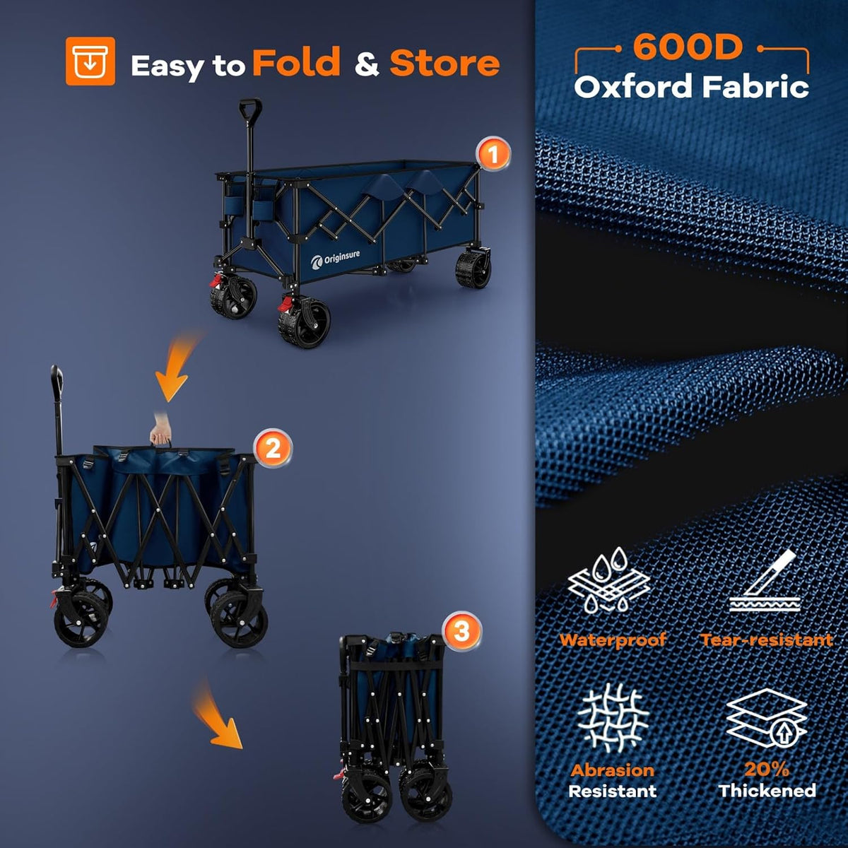 Originsure 48' L Collapsible Wagon Cart Foldable, 560lbs Weight Capacity 300L Heavy Duty Folding Beach Wagons with Big All-Terrain Wheels, Utility Carts for Groceries, Camping, Sports - Blue