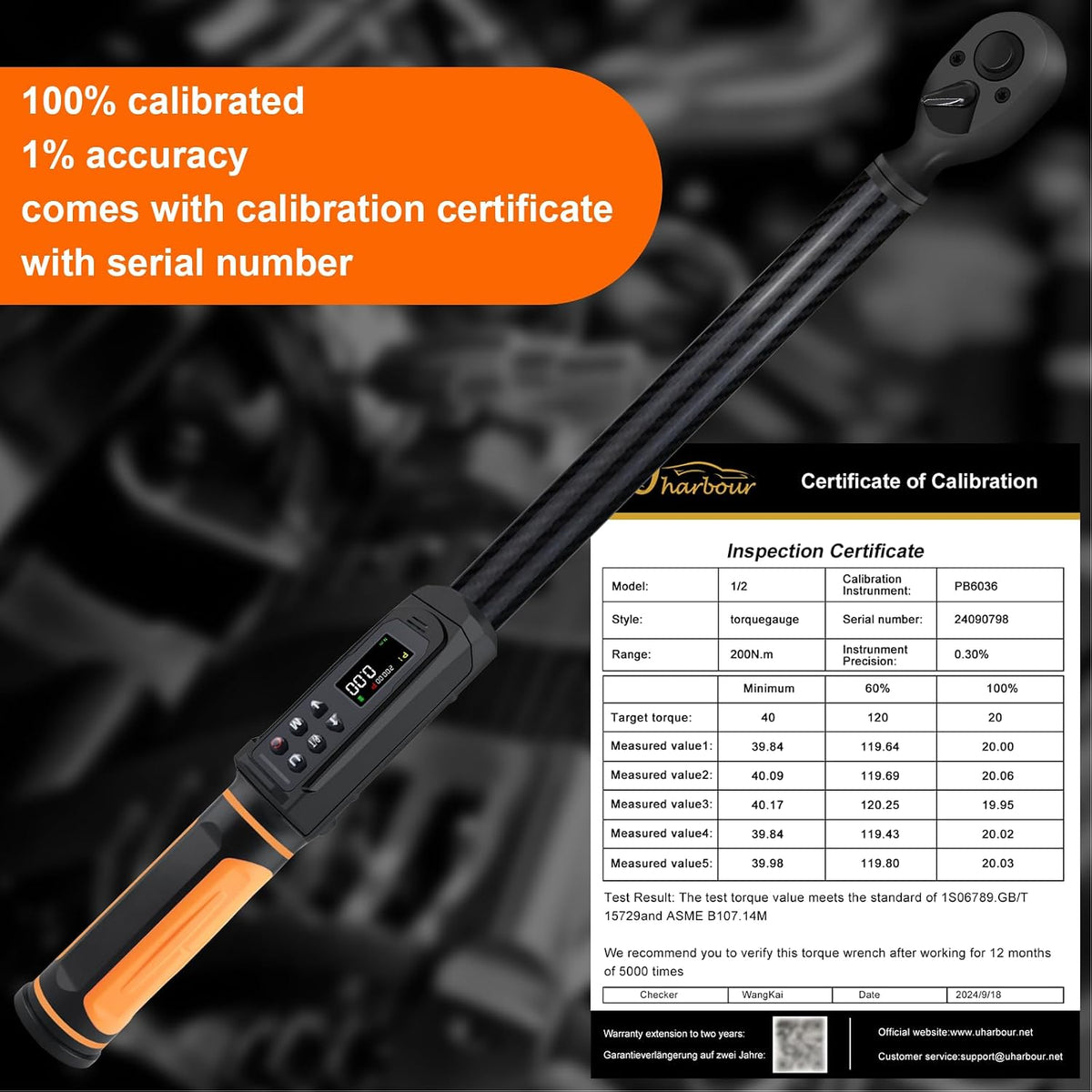 Digital Torque Wrench 1/2 Drive with Carbon Fiber Body, 2.2-147.5 Ft.lb Range, ±1% Accuracy with Vibration, Buzzer and LED Alert, Suitable for Car, Motorcycle and Bicycle