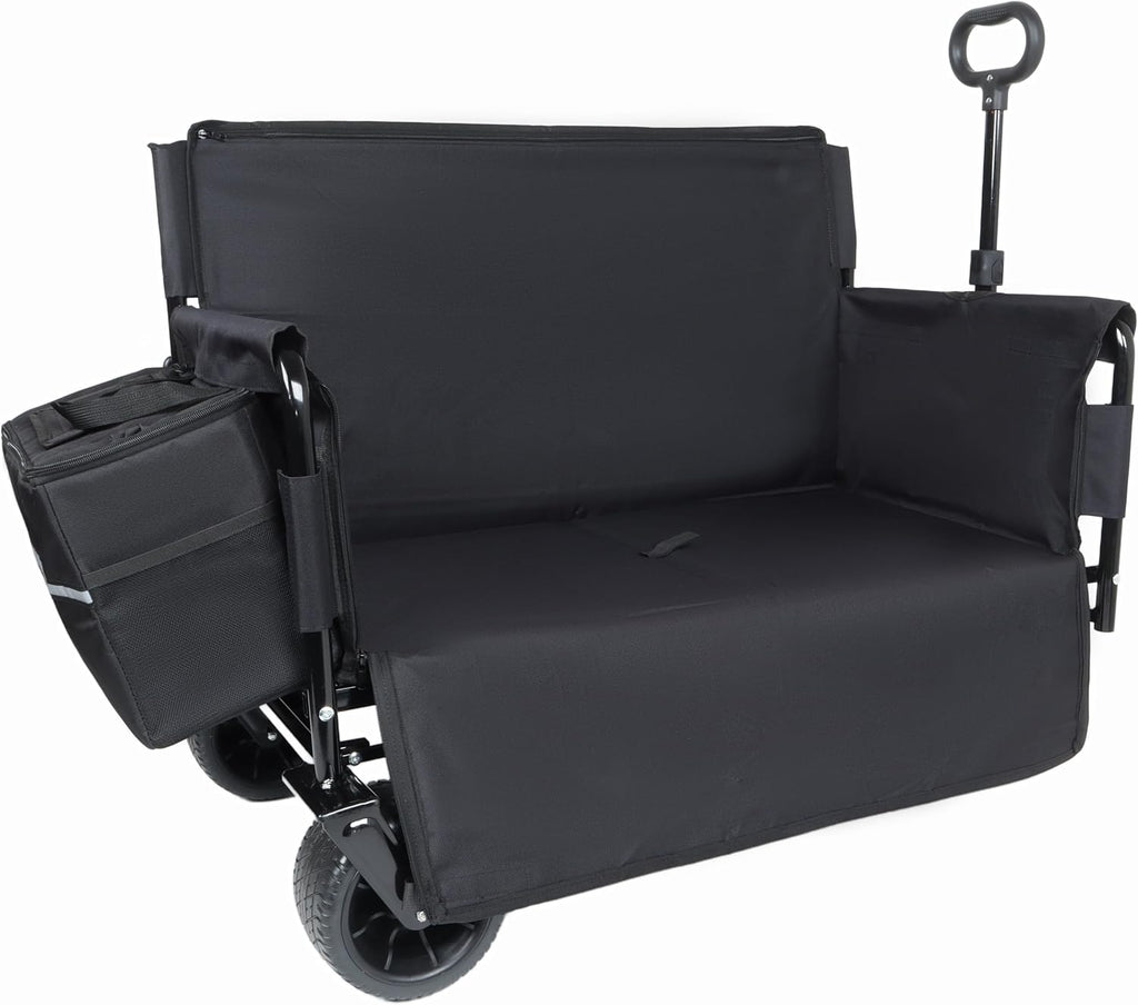 3-in-1 Convertible Folding Wagon Cart with Bench Seat & Storage - Includes 1 ice Pack, 500lbs Heavy-Duty Utility Wagon, All-Terrain Wheels for Camping, Beach, Sports, Garden (Black)