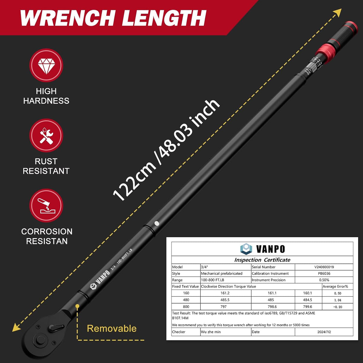 VANPO 3/4-inch Drive Click Torque Wrench, 100-800Ft-Lb/135.5-1084Nm, 48.03'' Length, Dual-Direction, 48-Tooth, Torque Wrench Set with a Hex Key for Car, Truck, Tractor