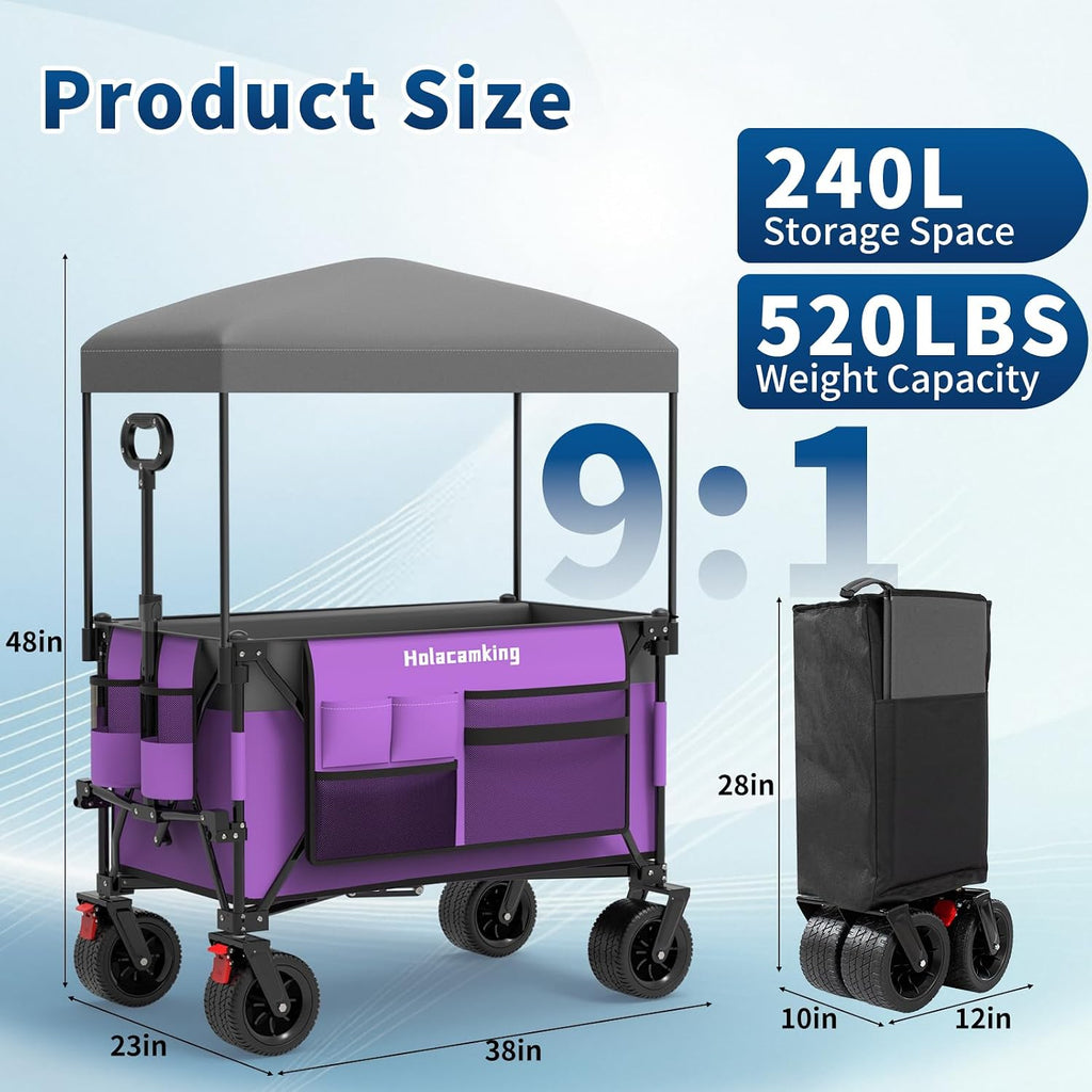 Collapsible Canopy Wagon Cart, Heavy Duty Utility Wagon with Removable Sun Cover, All-Terrain Big Wheels, Dual Brakes, Extra Large Grocery Cart for Beach Camping Sports Tailgates (Purple)