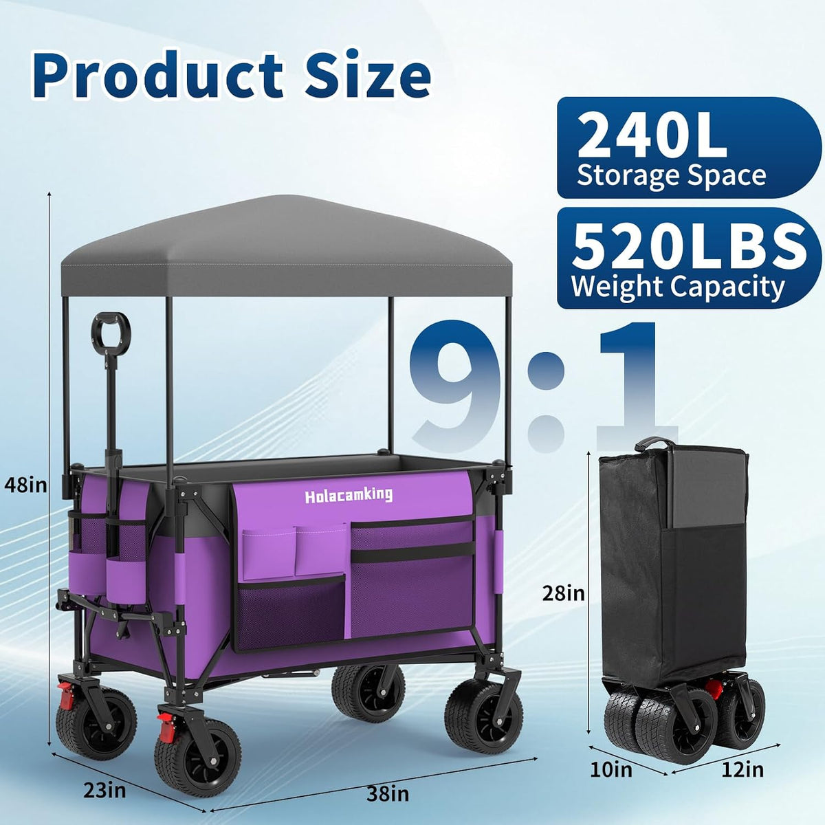 Collapsible Canopy Wagon Cart, Heavy Duty Utility Wagon with Removable Sun Cover, All-Terrain Big Wheels, Dual Brakes, Extra Large Grocery Cart for Beach Camping Sports Tailgates (Purple)