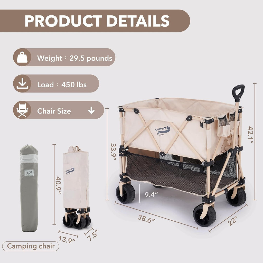 Camphor Designs 400L Collapsible Folding Double Decker Beach Wagon |Heavy Duty Utility Cart Extender|Supports 450lbs|All-Terrain Big Wheels with Breaks for Sports Camping (Beige/Beige)