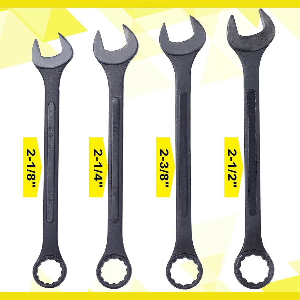 4PC Jumbo Combination Wrench Set, SAE, 2-1/8', 2-1/4', 2-3/8', 2-1/2 inch, Extra Large Combination Wrench Sets, Black Oxide Finish with Pouch (4PC-SAE)
