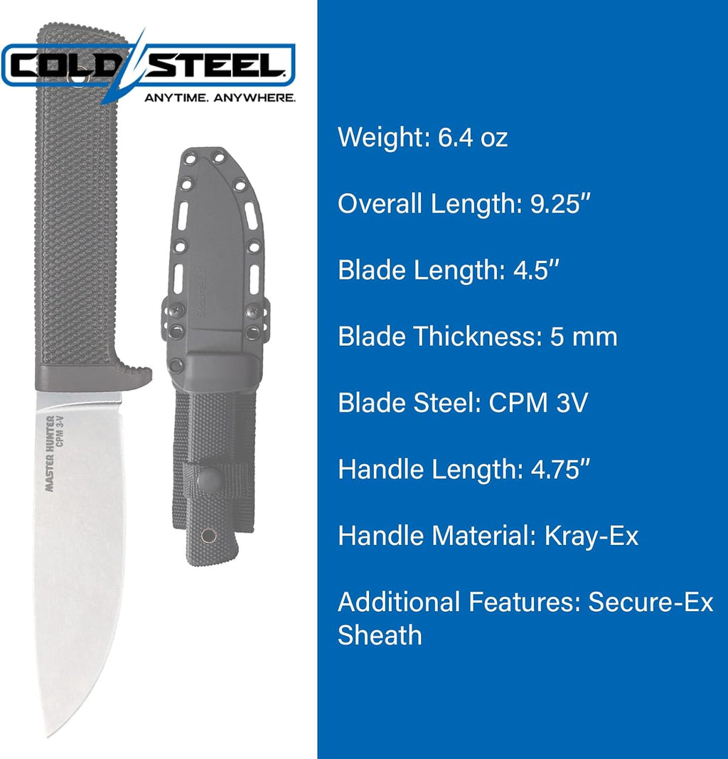 Cold Steel Master Hunter 4.5' CPM 3V Drop Point Razor-Sharp Blade 4.75' Kray-Ex Handle Hunting Fixed Blade Knife w/Secure-Ex Sheath