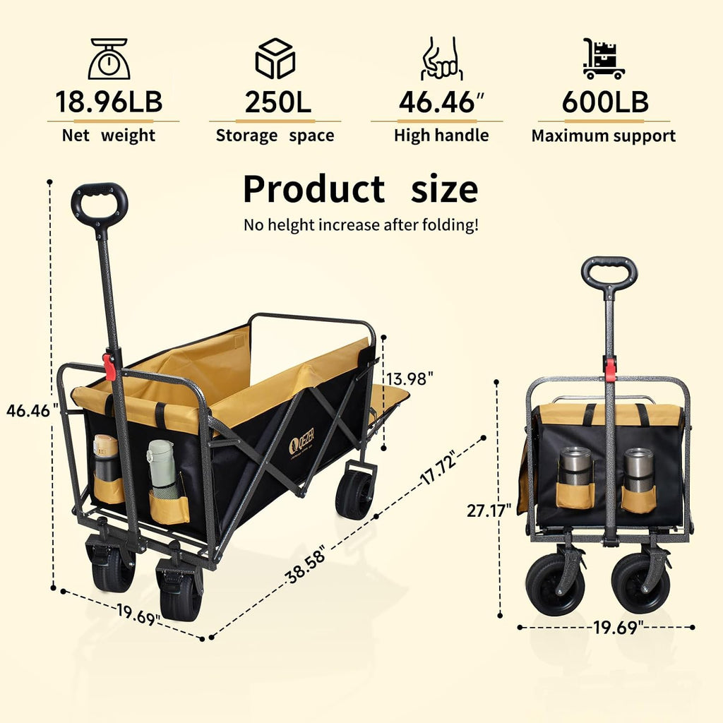 56' Large Collapsible Folding Wagon with Tailgate and Brake, 600LBS Heavy Duty Utility Cart, 250L Large All-Terrain Beach Wagon for Camping Garden Shopping Grocery Sports (Yellow, 250L)