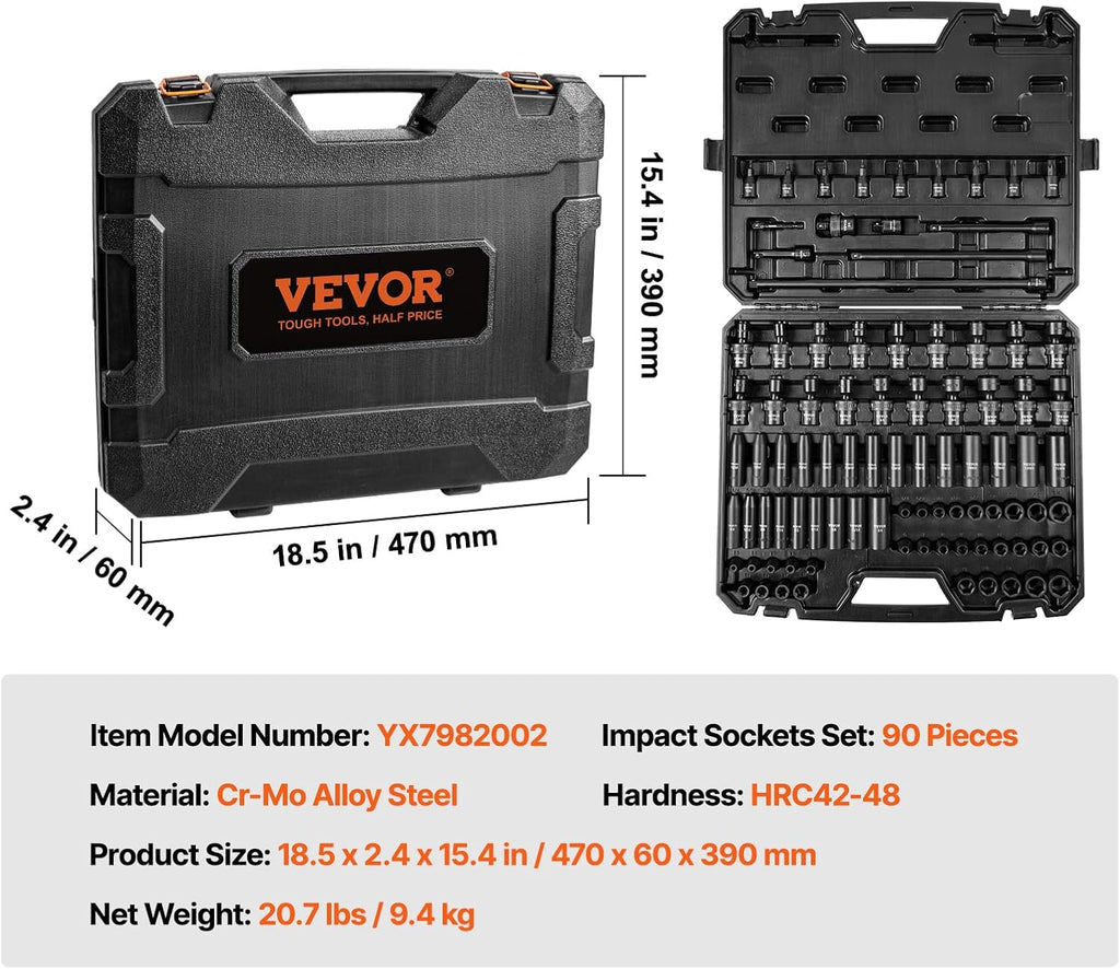 VEVOR Impact Socket Set 3/8' Drive, 90 PCS, CR-MO, SAE 1/4'-3/4' Metric 6-19mm, with Shallow & Deep Sockets, Swivel & E-Torx & Bit socket Sockets, Extension Bars, Adapters, Universal Joint