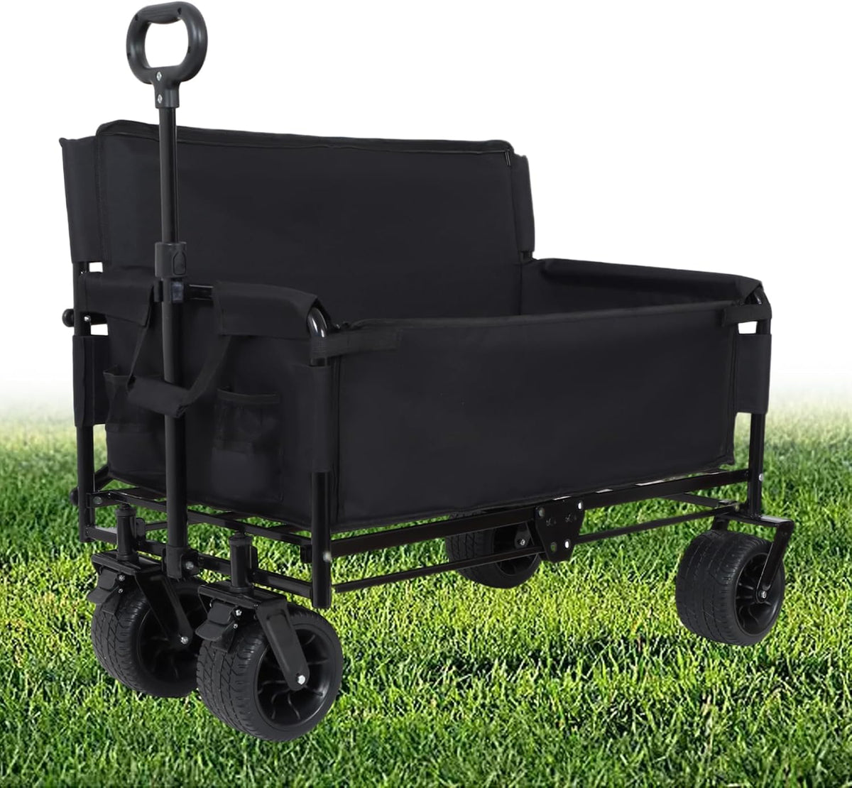 3-in-1 Convertible Folding Wagon Cart with Bench Seat & Storage - 500lbs Heavy-Duty Utility Wagon, 180L Capacity All-Terrain Wheels for Camping, Beach, Sports, Garden (Black)