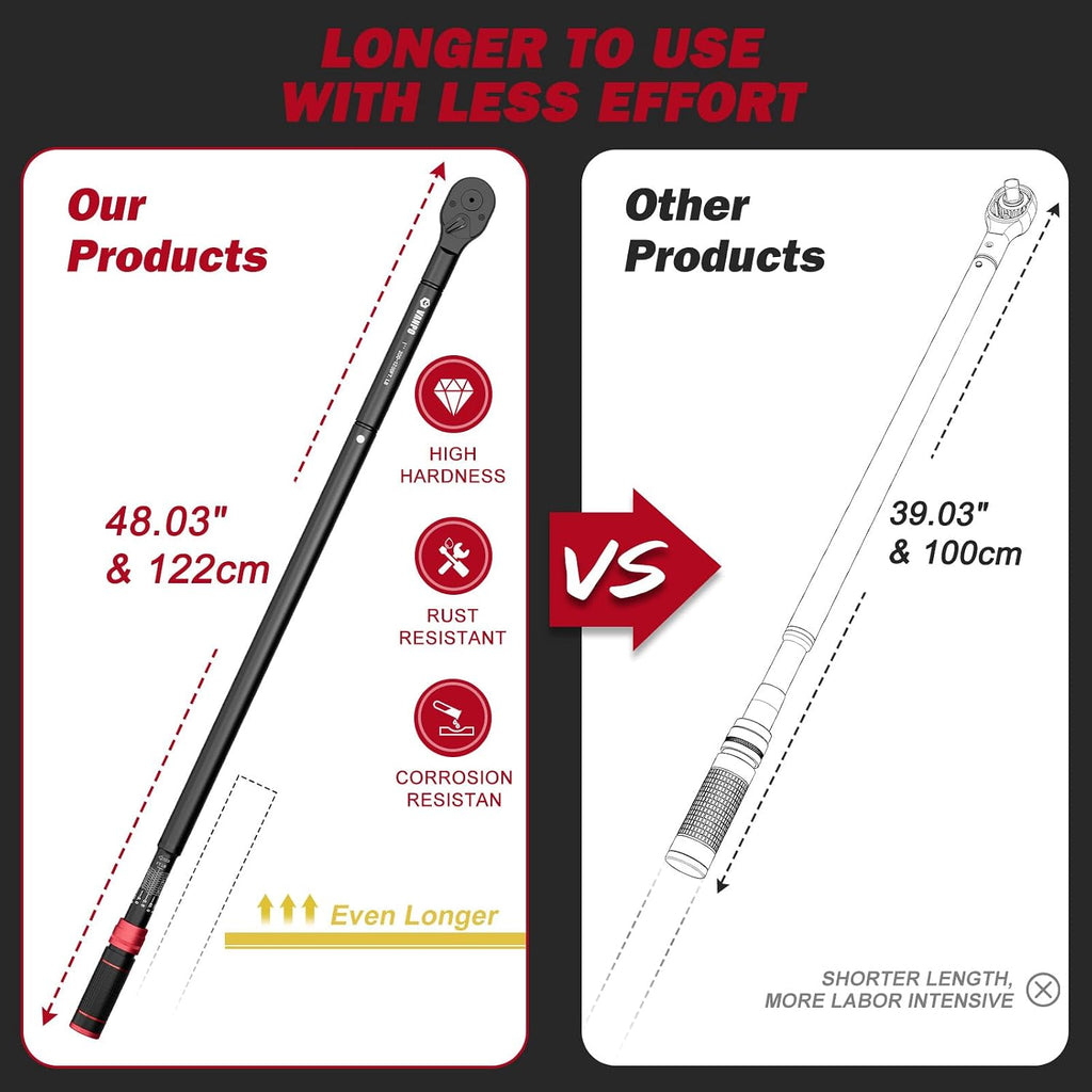 VANPO 1-inch Drive Click Torque Wrench, 200-1200 Ft-Lb/271-1626 Nm, 48.03'' Length, 48-Tooth, Torque Wrench Set with a Hex Key for Heavy-Duty Trucks & Industrial Machinery