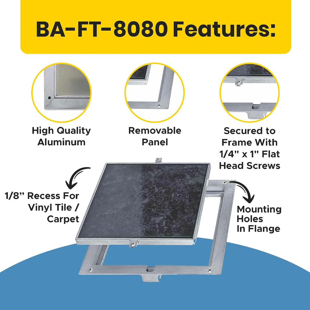 Best 18' x 18' Removable Floor Access Panel with a 1/8' Recess for Vinyl Carpet/Tile, High-Grade Smooth Aluminum Floor Access Door Secured with 1/4' x 1' Flat Head Screws, Mill Finish,BA-FT-8080
