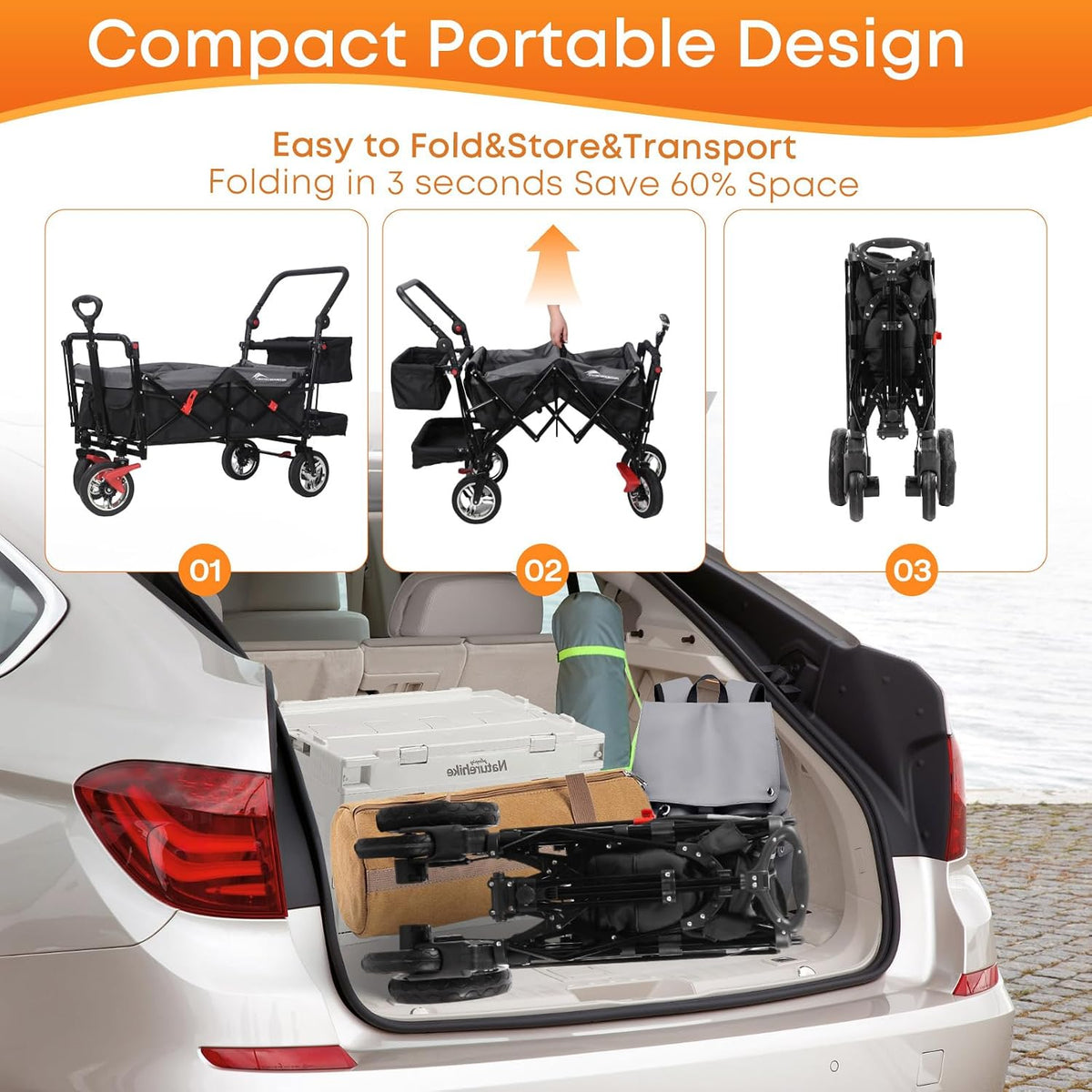 Wagon Stroller with Canopy,330lbs Cart, Collapsible Foldable Garden Cart- with Adjustable Push Pulling Handles Outdoor Utility Wagon for Beach Garden Camping, Black