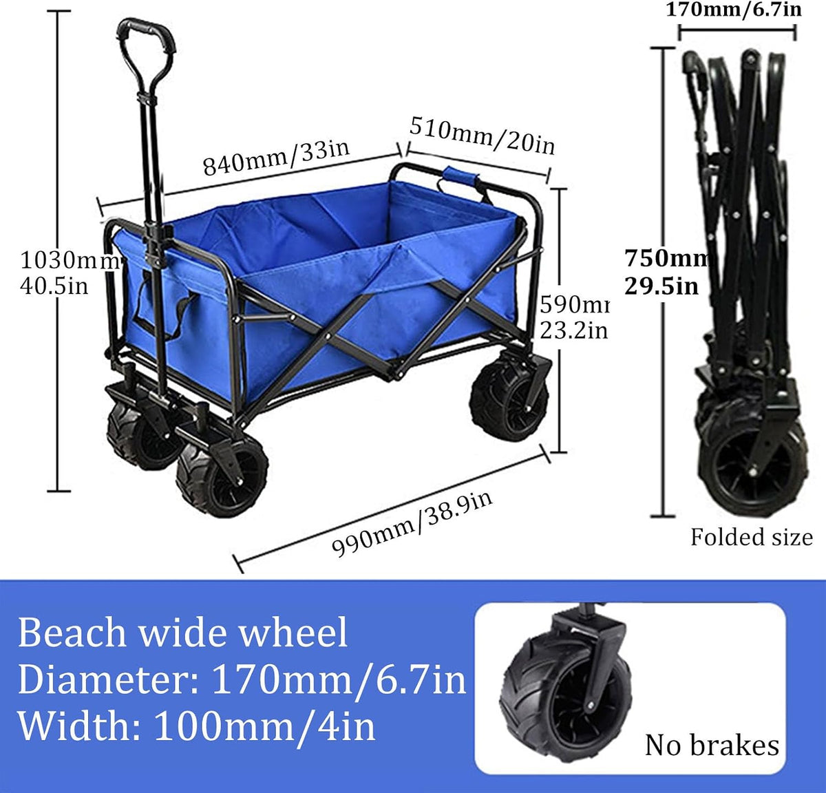 Bgarden Carts,Collapsible Wagon,Sports Outdoor Utility Wagon Folding Garden Wagon Sports Steel Frame Foldable Yard Car with Side Pockets Beach Wheel Camping Cart Bearing 100Kg