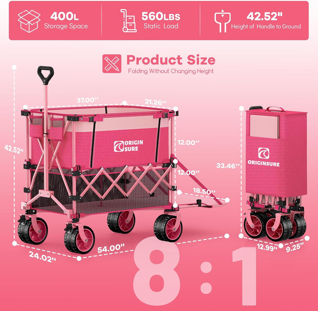 400L Double Decker Wagon Collapsible with 54' L Tailgate, 560lbs Heavy Duty Wagons Carts Foldable, Extra Large Folding Beach Wagon with Big All-Terrain Wheels for Camping, Sports, Groceries, Pink
