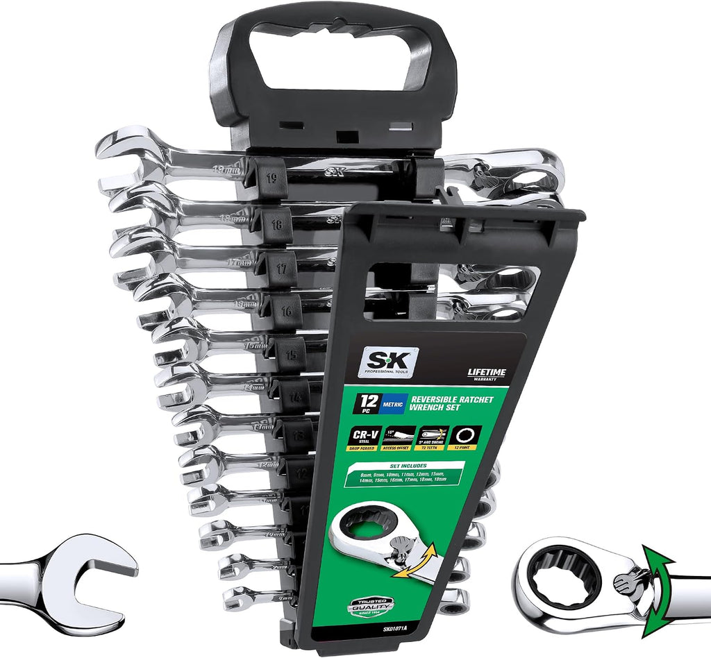 SK Reversible Ratcheting Wrench Set, Combination Wrench Set, 12-Piece, Metric 8-19 mm, 72-Tooth, Premium CR-V Construction, with Rack Organizer