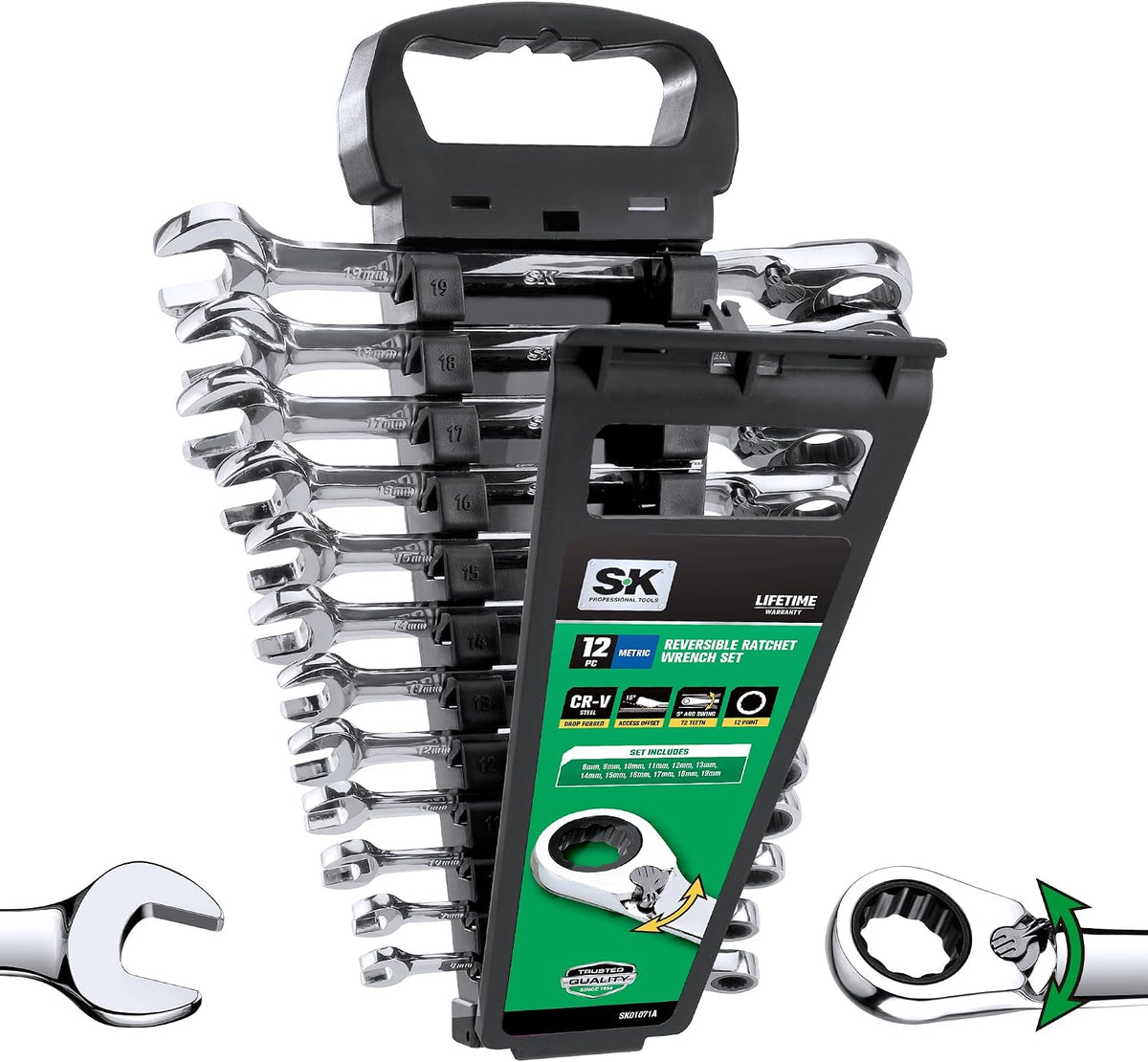 SK Reversible Ratcheting Wrench Set, Combination Wrench Set, 12-Piece, Metric 8-19 mm, 72-Tooth, Premium CR-V Construction, with Rack Organizer