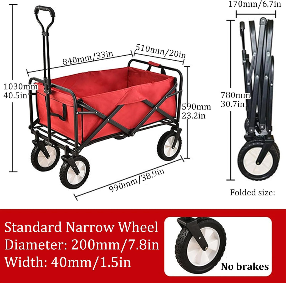 Red Garden Carts,Collapsible Wagon,Sports Outdoor Utility Wagon Garden Wagon Sports Steel Frame Foldable Yard Car Camping Cart with Side Pockets and PVC Wheels
