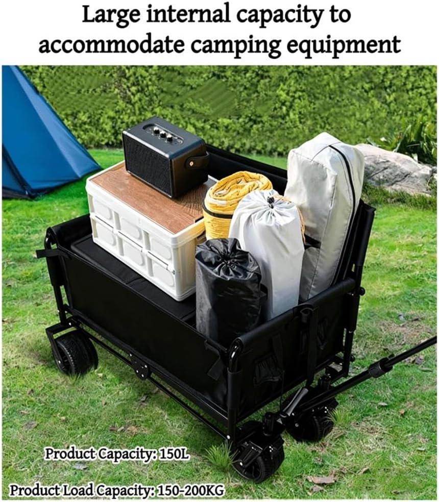 2 in 1 Rolling Wagon with Seats, Foldable Wagon with Wheels, Utility Grocery Cart for Camping, Beach, Sports, Garden(Beige)