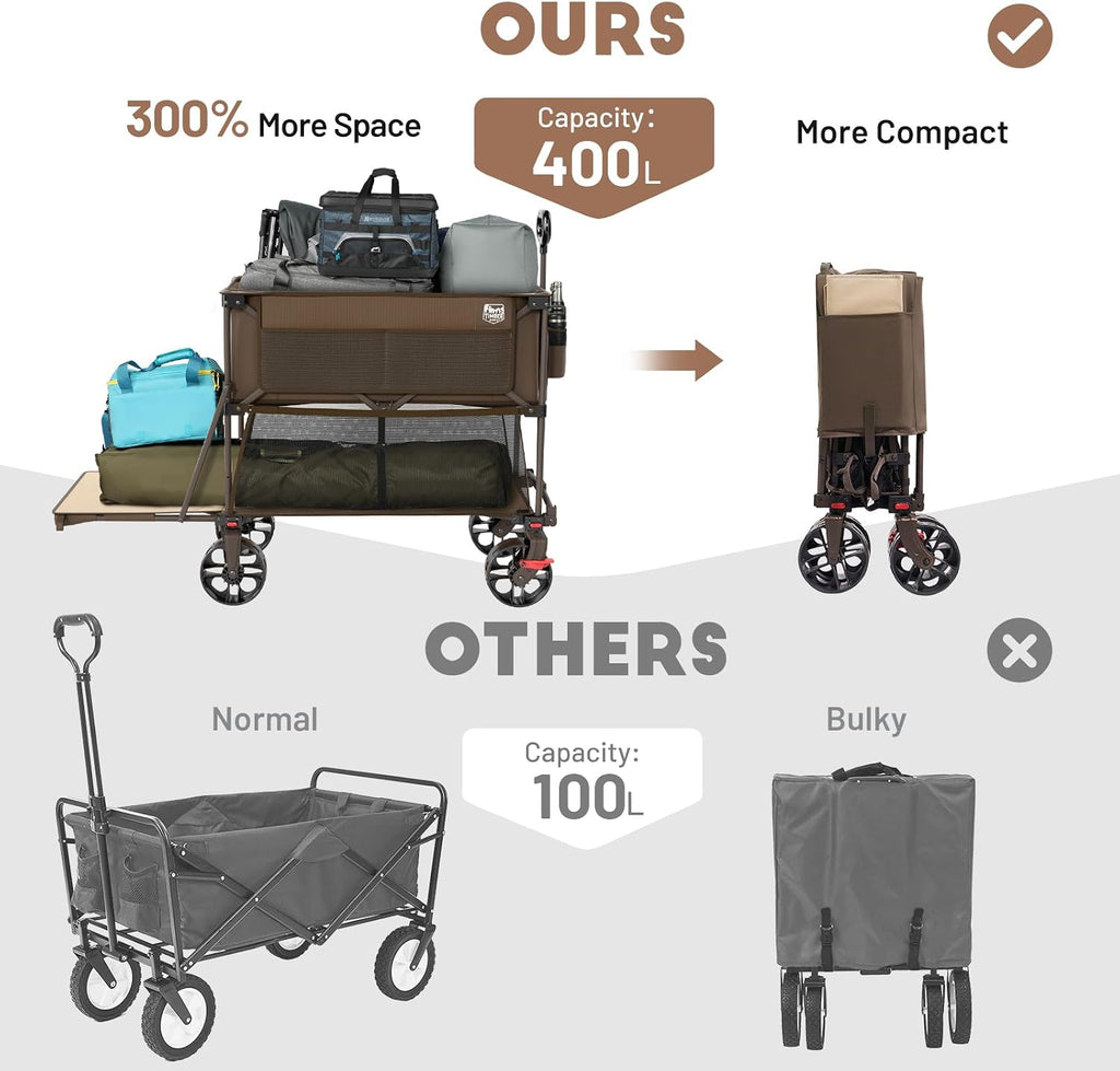 TIMBER RIDGE 400L Large Capacity Folding Double Decker Wagon with Brakes, 54' Extra Long Extender Wagon Cart, 450lbs Heavy Duty Collapsible Cart, All-Terrain Big Wheels for Camping, Sports, Shopping