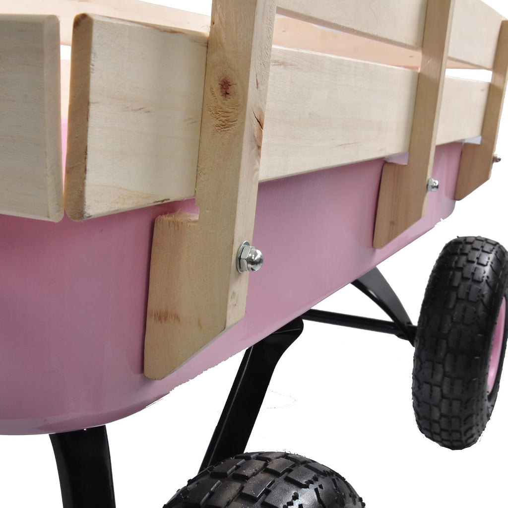 Outdoor Heavy Duty Wagon Cart for All Terrain Pulling, Steel Wagon Frame Removable Wooden Panels Adjustable Handle Air Tires Sport Wagon for Kids Camping Garden, Max. Load 176 lbs, Pink