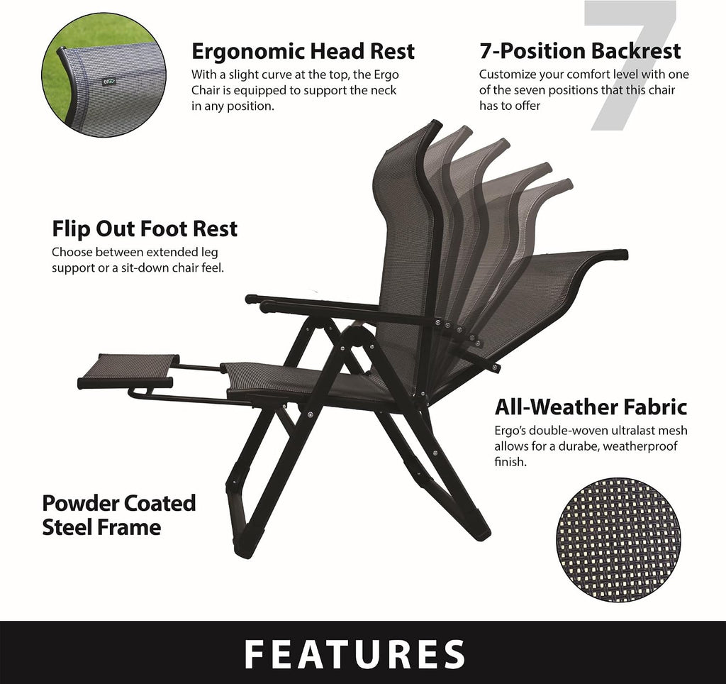 Caravan Sports Ergo+ - Adjustable Outdoor Patio Camping Lounge with Footrest & Headrest, Steel Frame Weather-Resistant Fabric – Folding Outdoor Chair